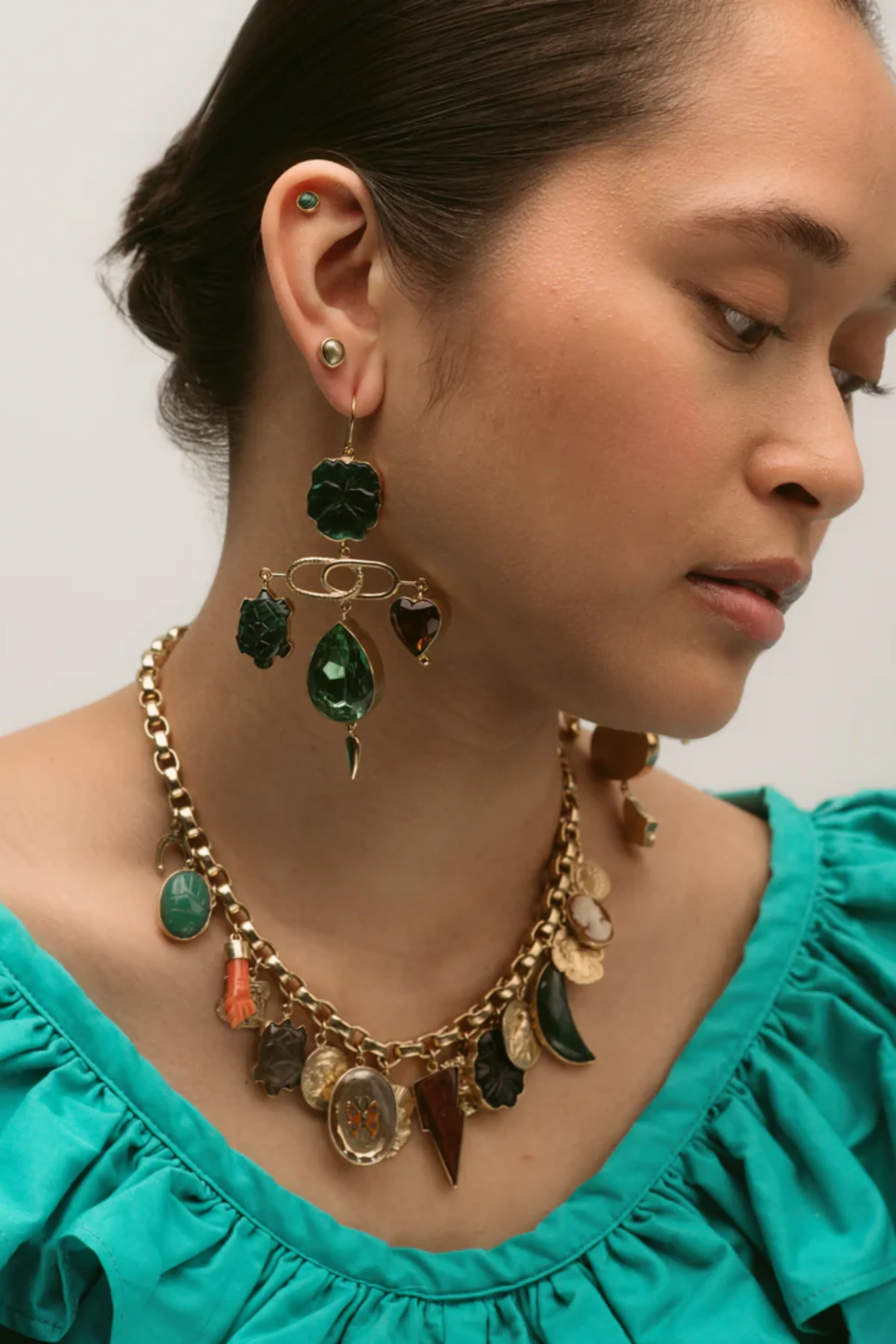 Green & Gold Pansy Balance Drop Earrings - Image 2