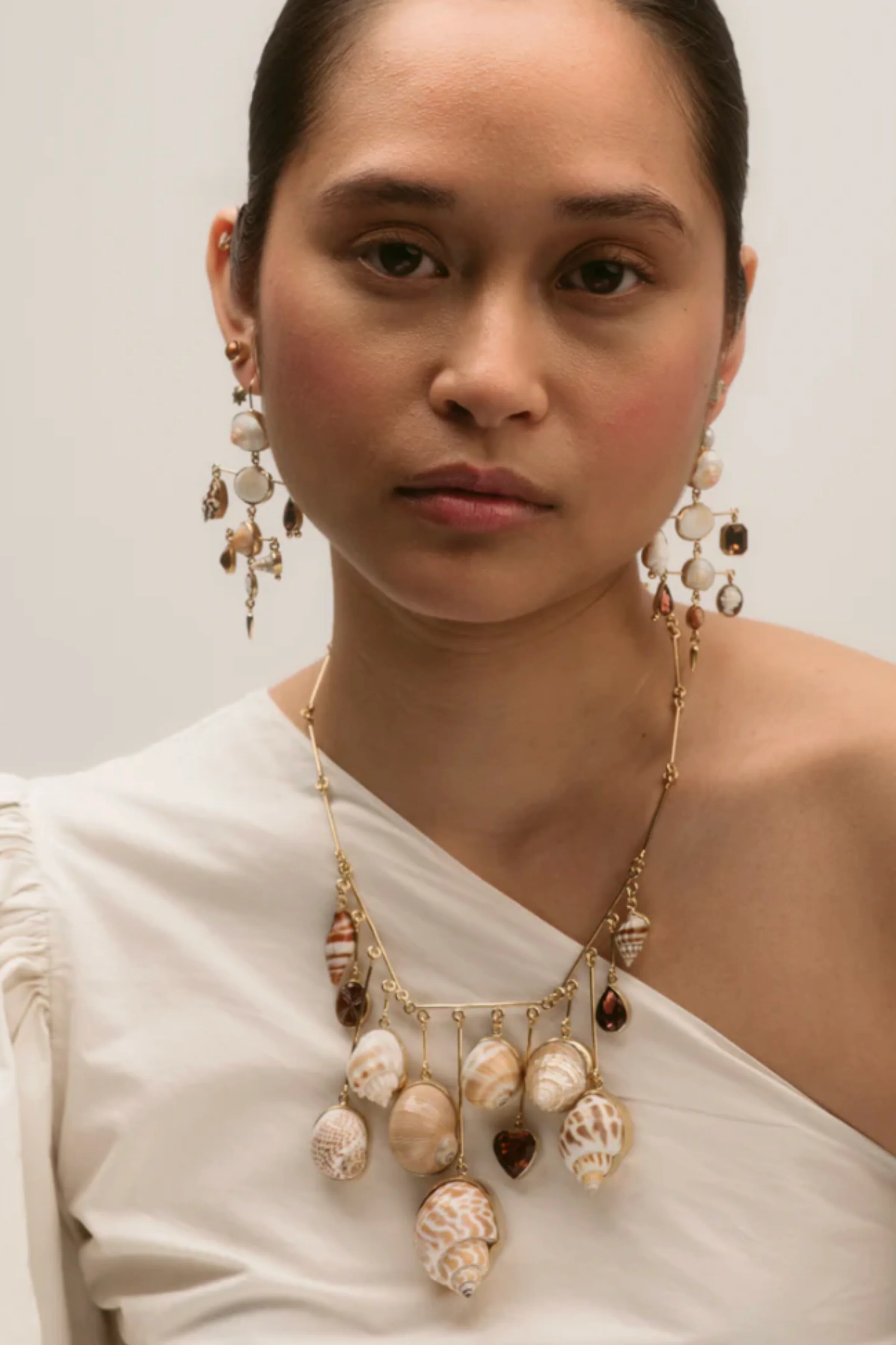 Layered Victorian Drop Earrings (Shell/Red) - Image 3
